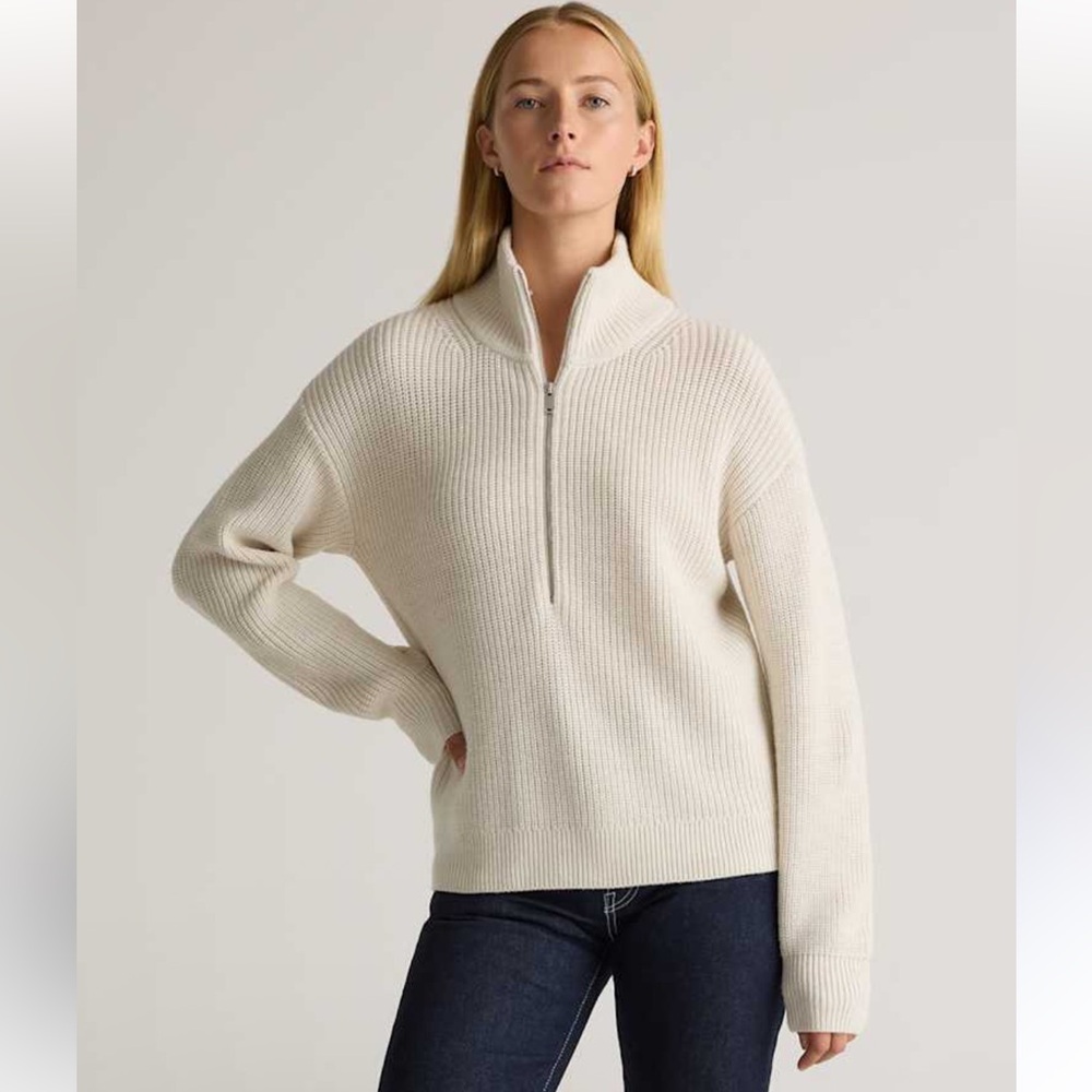 Quince Australian Merino Wool Half Zip Sweater silver birch thick soft cozy